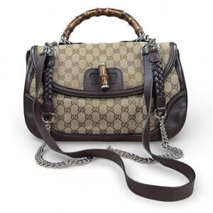 Gucci Gg Canvas Bamboo Handle Shoulder Bag Rare Large Vintage – Brown